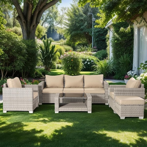 Unbranded Gray White Frame 7-Piece Wicker Outdoor Sofa Sectional Set with Earthy Gray Cushions
