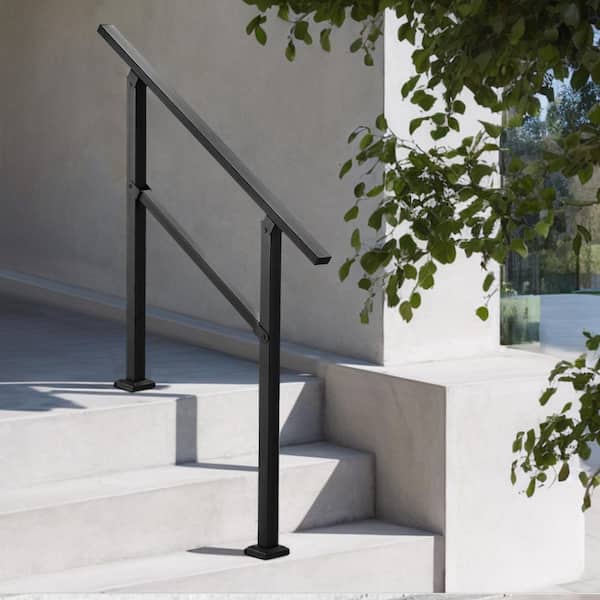 Outdoor Handrails 2-3 Steps, 36.2 in. H x 3.3 in. W Black Square Tube W/ Horizontal Bar, Carbon Steel Stair Railing Kit