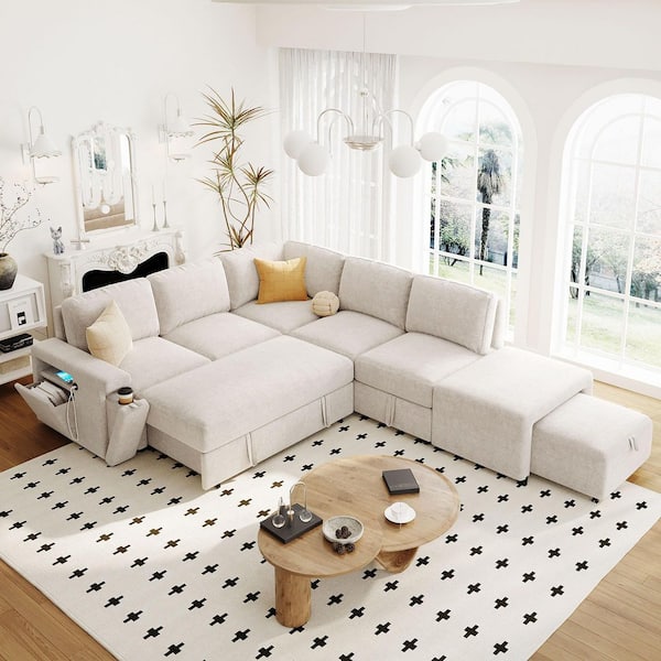 90.6 in. Square Arm Polyester Sectional Sofa with Storage Space, USB Ports, and Cup Holders on the Armrests in Beige