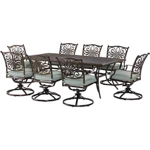 Renditions 9-Piece Aluminum Outdoor Dining Set with Sunbrella Mist Blue Cushions, 8 Swivel Rockers and 42x84 in. Table
