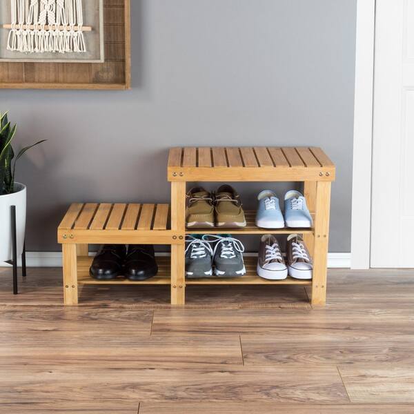 KKTONER Bamboo Shoe Rack 2 Tiers Shoe Bench Bathroom Storage Organizer