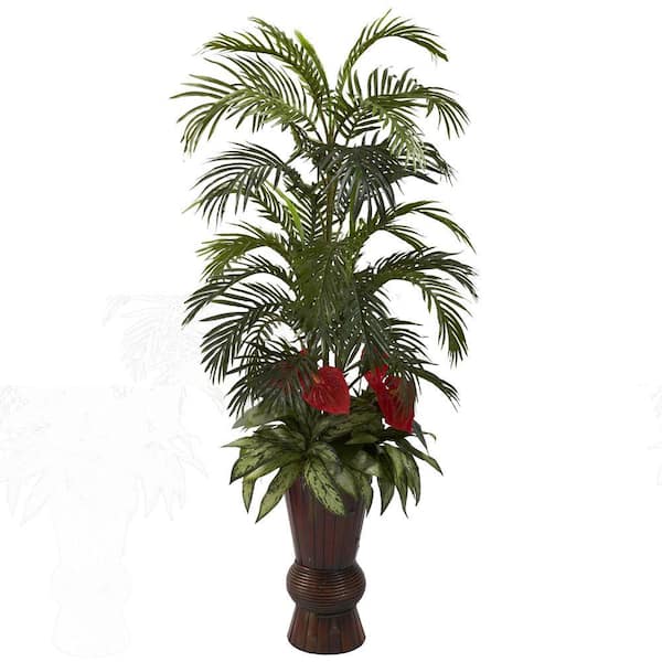 Nearly Natural Artificial Areca and Mixed Greens with Bamboo Planter