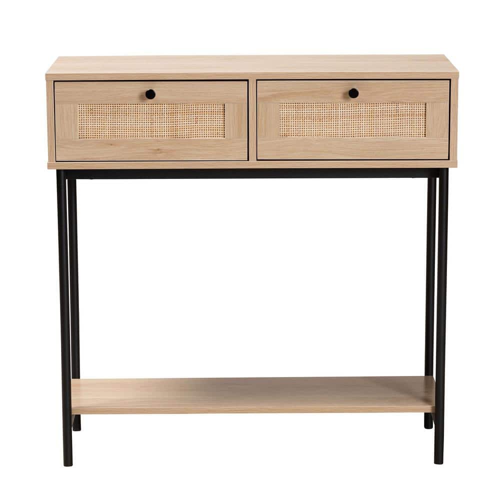 Sherwin Light Brown and Black 2-Drawer Console Table with Rattan Accent