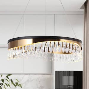 Delphinium 1-Light Dimmable Integrated LED Matte Black and Plating Brass Crystal Round Chandelier for Living Room