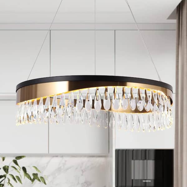 LNC Delphinium 1-Light Dimmable Integrated LED Matte Black and Plating Brass Crystal Round Chandelier for Living Room
