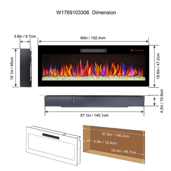 AFAIF - 60 in. Ultra-Thin Wall Mounted Electric Fireplace, Recessed LED Light Heater with Remote Control in Antique Black