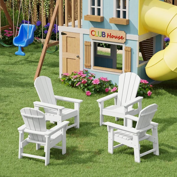 Children's Laguna Set-4 Outdoor Patio All Weather Fade Resistant Kids Poly Plastic Adirondack Chairs in White