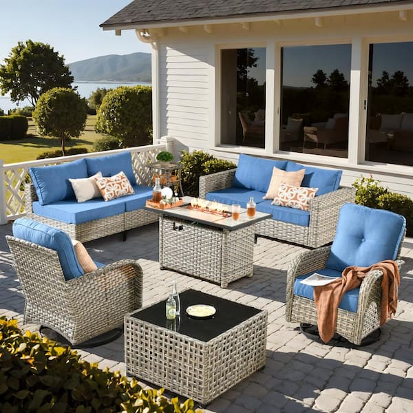 weaxty W Gerbera Gray 9-Piece Wicker Patio Fire Pit Conversation Sofa Set with Swivel Rocking Chairs and Diamond Blue Cushions