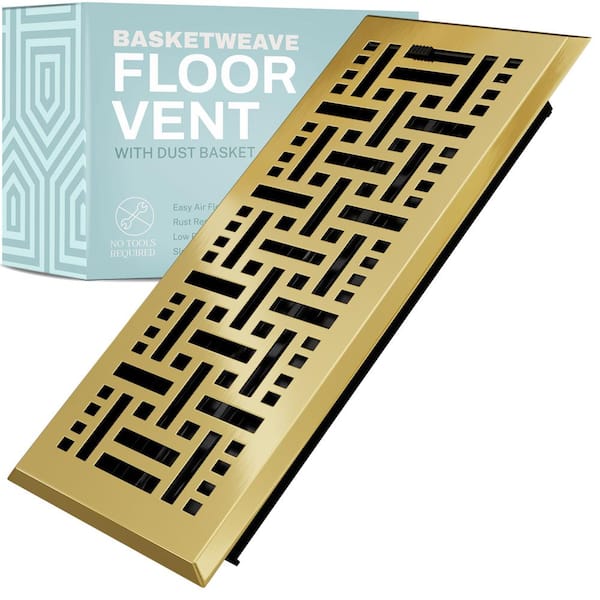 HOME INTUITION Basketweave 2 in. x 14 in. Decorative Floor Register Vent with Mesh Cover Trap, Polished Brass