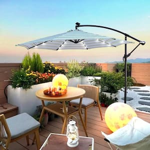 10 ft. Round 8 Ribs Steel Market Solar Tilt Patio Umbrella with LED Lights, Crank and Cross Base in Blue Stripe