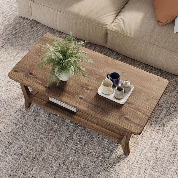 Calvin 47.24 in. Rustic Brown Rectangle Solid Wood Coffee Table Center Farmhouse Cocktail Tea Desk Mid-Century Bed Room