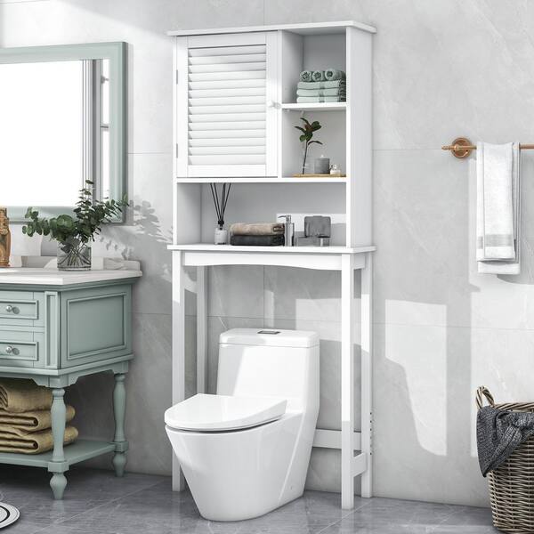 Unbranded 28 in. W x 8 in. D x 64 in. H White MDF Freestanding Over-the-Toilet Linen Cabinet with Shelf and Shutter Door