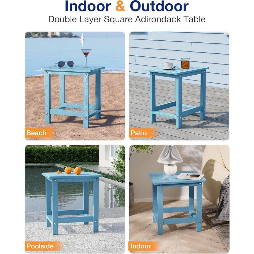 Blue plastic side table shown in beach, patio, poolside, and indoor settings.