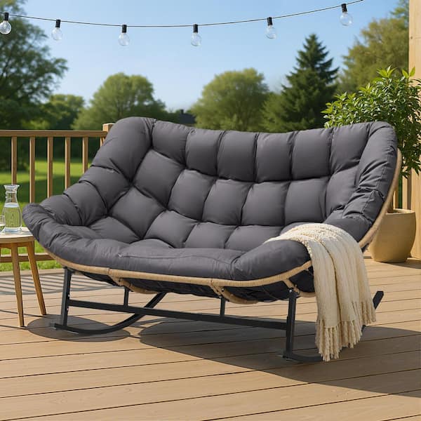 Unbranded Oversized PE Wicker Double Outdoor Rocking Chair 2-Person 700 lbs. Papasan Chair Loveseat with Gray Cushion