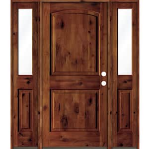 58 in. x 80 in. Rustic Knotty Alder Arch Top Red Chestnut Stained Wood Left Hand Single Prehung Front Door