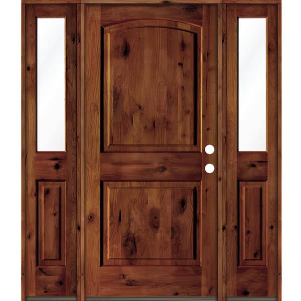Krosswood Doors 64 in. x 80 in. Rustic Knotty Alder Arch Red Chestnut Stained Wood Left Hand Single Prehung Front Door