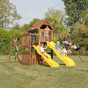 Timberview Ready-To-Assemble Wooden Outdoor Playset with 2 Slides, Monkey Bars, Swings and Swing Set Accessories
