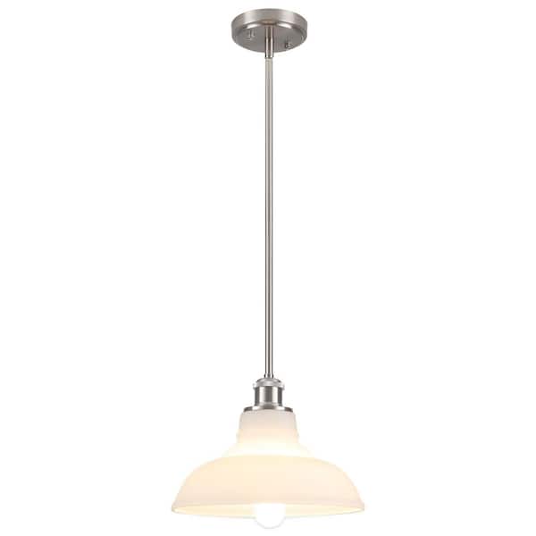 1-Light Silver Nickel/Beige Cover Pendant Hanging Light with Glass Shade for Bedroom