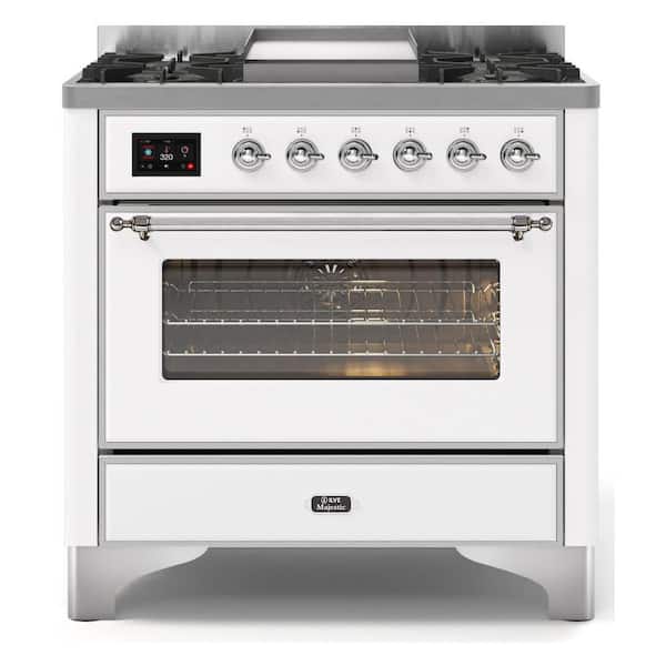 Majestic II 36 in. Double Oven Dual Fuel Range with 6 Sealed Burners, Glass Door, Chrome Trim in White