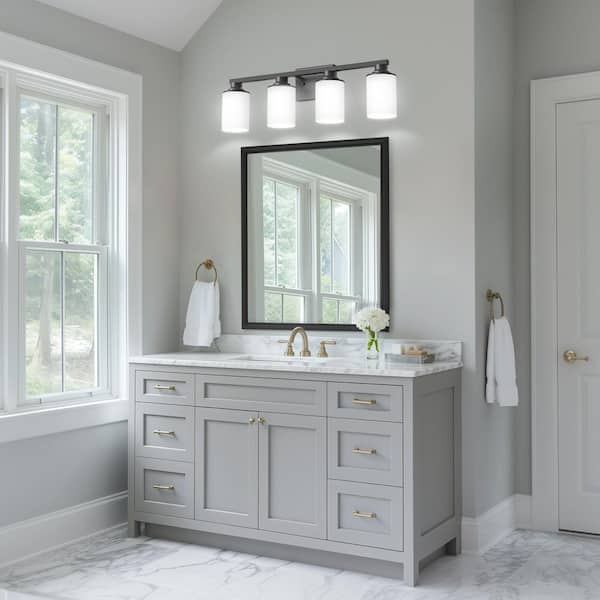 27 in. 4-Light Bathroom Vanity Light, Modern Matte and White Bathroom Lights Fixtures Over Mirror with White Glass Shade