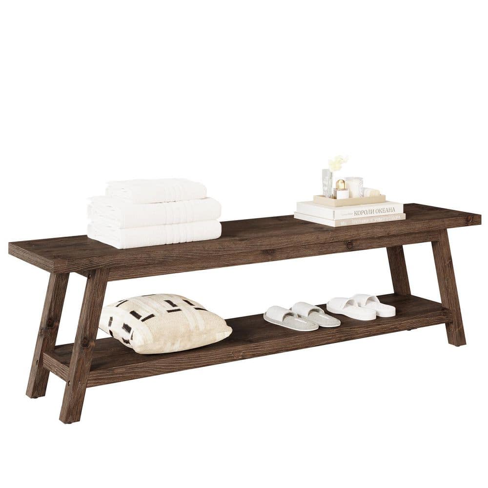63 in. Dark Brown Solid Wood Dining Bench with Open Shelves, Farmhouse Indoor Bench for Hallway, Kitchen, Bedroom,Dining