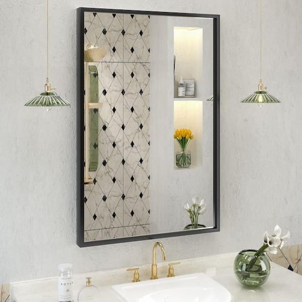 Apmir 24 in. W x 36 in. H Rectangular Aluminum Alloy Framed and Tempered Glass Wall Bathroom Vanity Mirror in Matte Black