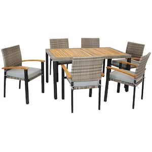 Carlow 7-Piece Rattan and Acacia Patio Dining Set in Stone Gray