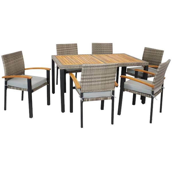Sunnydaze Carlow 7-Piece Rattan and Acacia Patio Dining Set in Stone Gray