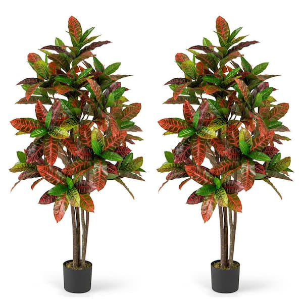 2PCS 59 in. Artificial Croton Plant w/ Multi-colored PEVA Leaves Solid Wood Trunk