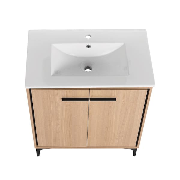 Unbranded 24 in. W x 18 in. D x 33 in. H Single Sink Freestanding Bath Vanity in Oak with White Ceramic Top