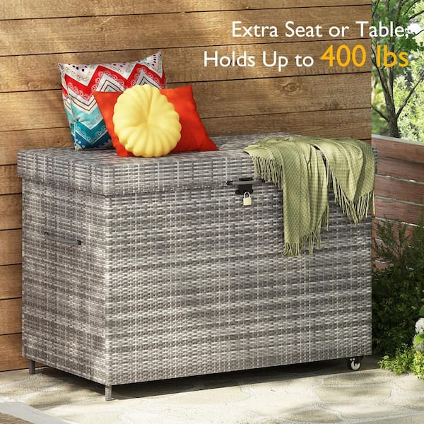 Unbranded 230 Gallon Wicker Deck Box with Wheels, All-Weather Outdoor Storage Box for Outdoor Cushions, Garden Tools, Gray