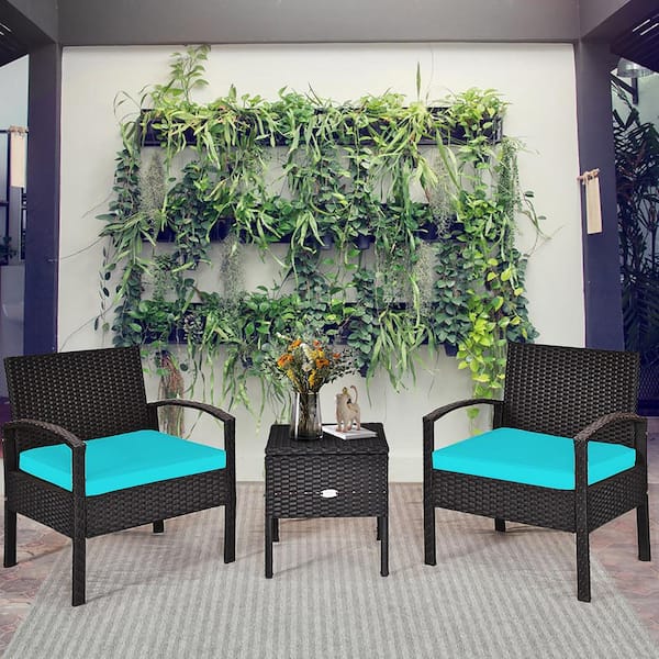 3-Pieces Wicker Outdoor Sectional Set with Turquoise Cushion