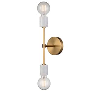 7.99 in. 2-Light Brass, Gold Modern Wall Sconce with Standard Shade