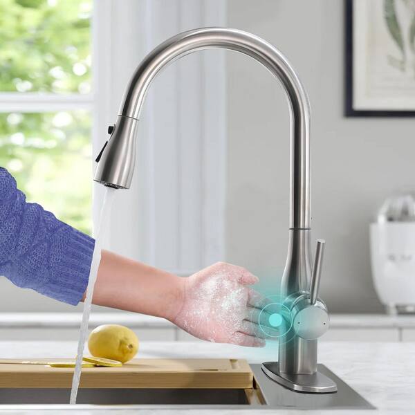 Brushed Nickel Kitchen Faucet Modern Touch Sensor Kitchen Faucet - Pull-Down Sprayer, Brushed Nickel, Deck Mount Senlesen 11-2203Z-8Y Faucet Brushed Nickel