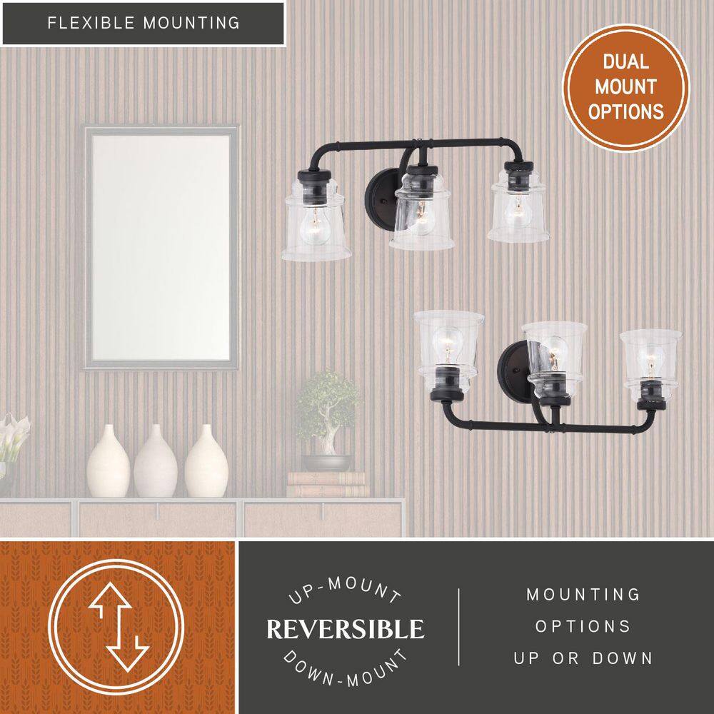 Matte Black Jelly Jar 3-Light Vanity Fixture