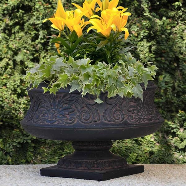 16-1/4 in. x 10-3/4 in. Cast Stone Fiberglass Ornate Low Urn in Aged Charcoal