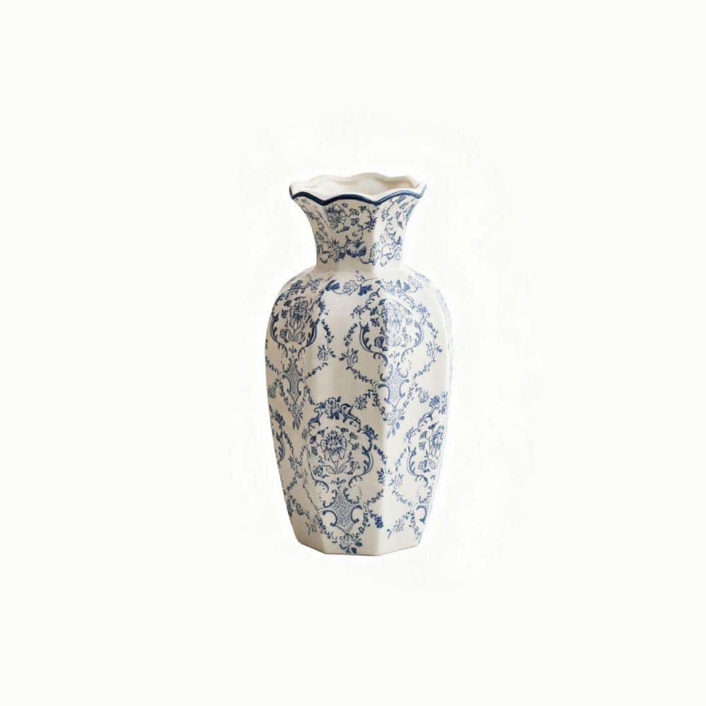 9 in. Blue Ceramic Bottle Vintage Blue Ceramic Flower Vessel