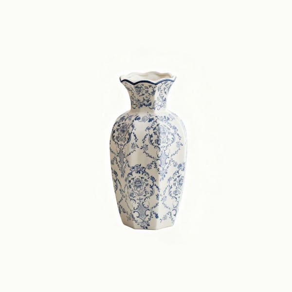 9 in. Blue Ceramic Bottle Vintage Blue Ceramic Flower Vessel