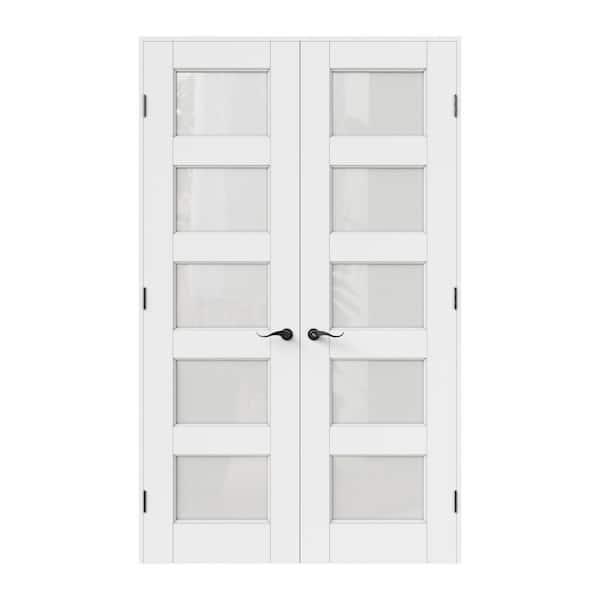 48 in. x 80 in. Universal 5-Lite Frosted Glass White Solid Core Wood Double Prehung French Door with Quick Assemble Jamb