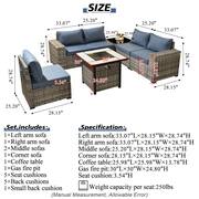 Tahoe Grey 7-Piece Wicker Wide Arm Outdoor Patio Conversation Sofa Set with a Fire Pit and Denim Blue Cushions