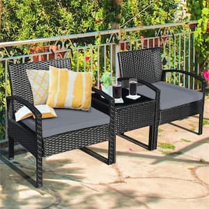 3-Piece Metal Frame Outdoor Bistro Set PE Rattan Patio Conversation Set with Gray Seat Cushions and Coffee Table