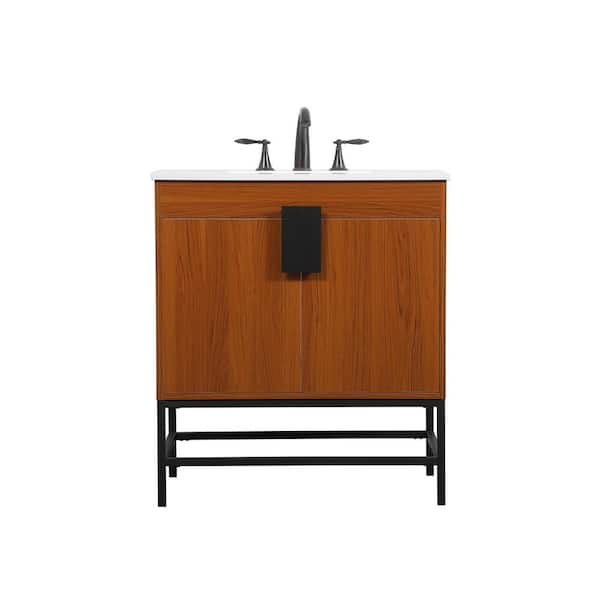 Unbranded Simply Living 30 in. W x 19 in. D x 33.5 in. H Bath Vanity in Teak with Ivory White Engineered Marble Top