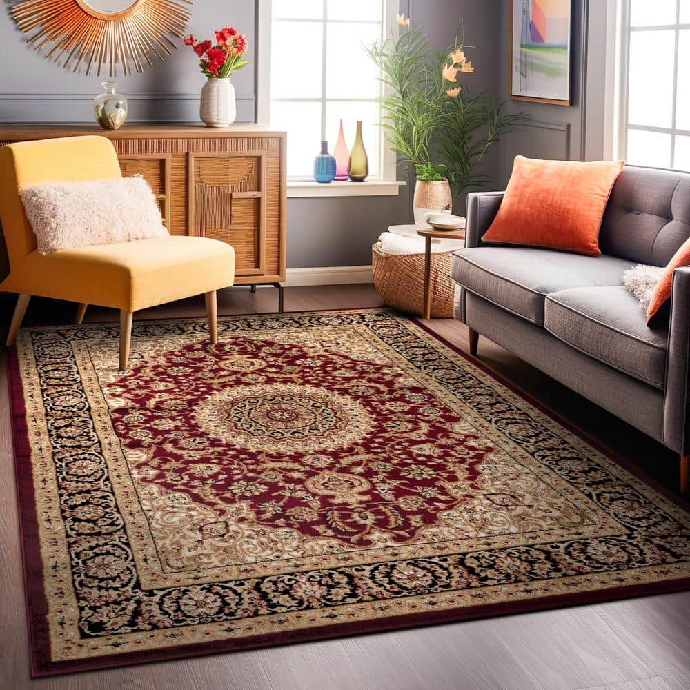 Burgundy Traditional Medallion Synthetic Area Rug 6'6" x 9'
