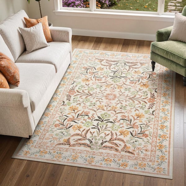 Oriental Floral Yellow Soft Non-Slip 5 ft. x 7 ft. Living Room/Bedroom Indoor Area Rug