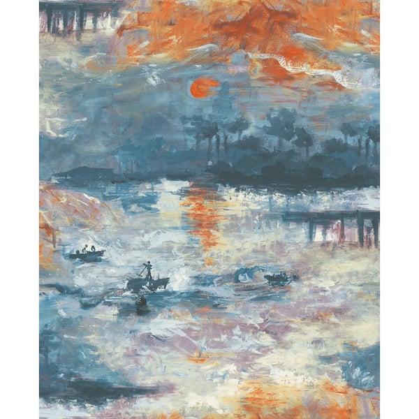 Seabrook Designs Nautical Sunset Denim, Metallic Gold, and Burnt Orange Paper Strippable Roll (Covers 56.05 sq. ft.)
