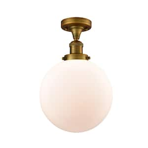 Beacon 10 in. 1-Light Brushed Brass Semi-Flush Mount with Matte White Glass Shade