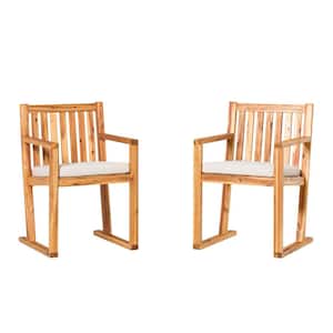 Natural Modern Slatted Wood Outdoor Dining Chair with Bisque Cushion (2-Pack)