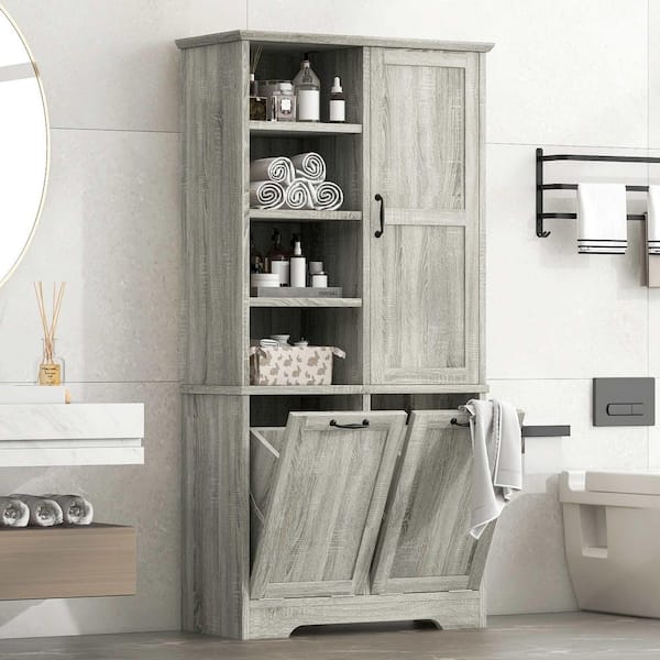 Oak 68 in. H Accent Cabinet, Bathroom Storage Cabinet with Doors and Drawers, Tilt-Out Laundry Hamper, Adjustable Shelf