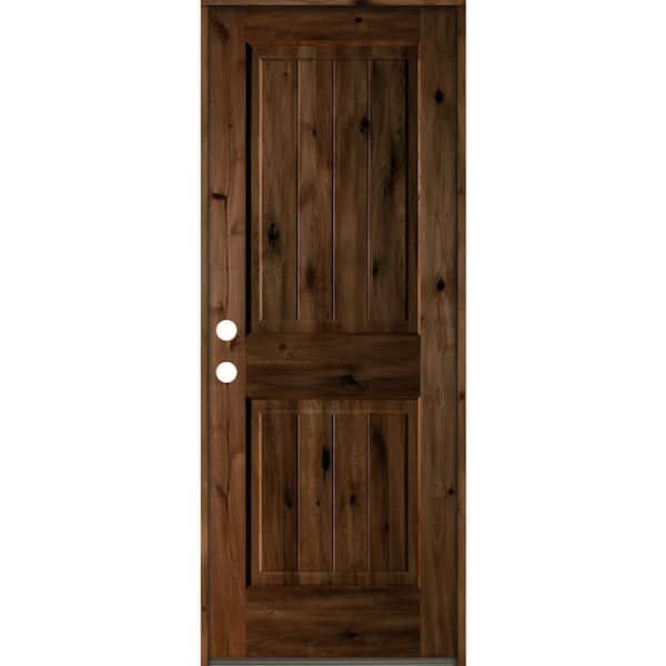 Krosswood Doors 30 in. x 80 in. Rustic Knotty Alder Square Top V-Grooved Provincial Stain Right-Hand Wood Single Prehung Front Door