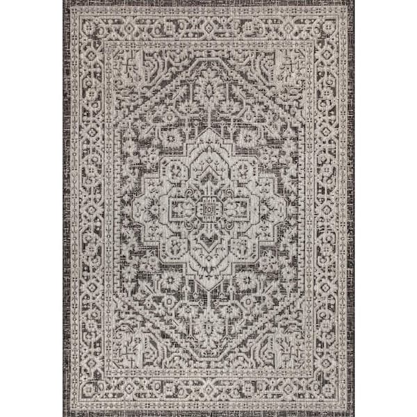 Sinjuri Medallion Gray/Black 3 ft. 1 in. x 5 ft. Textured Weave Indoor/Outdoor Area Rug